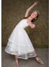 White Lace Tulle Ribbon Tiered Flower Girl Dress